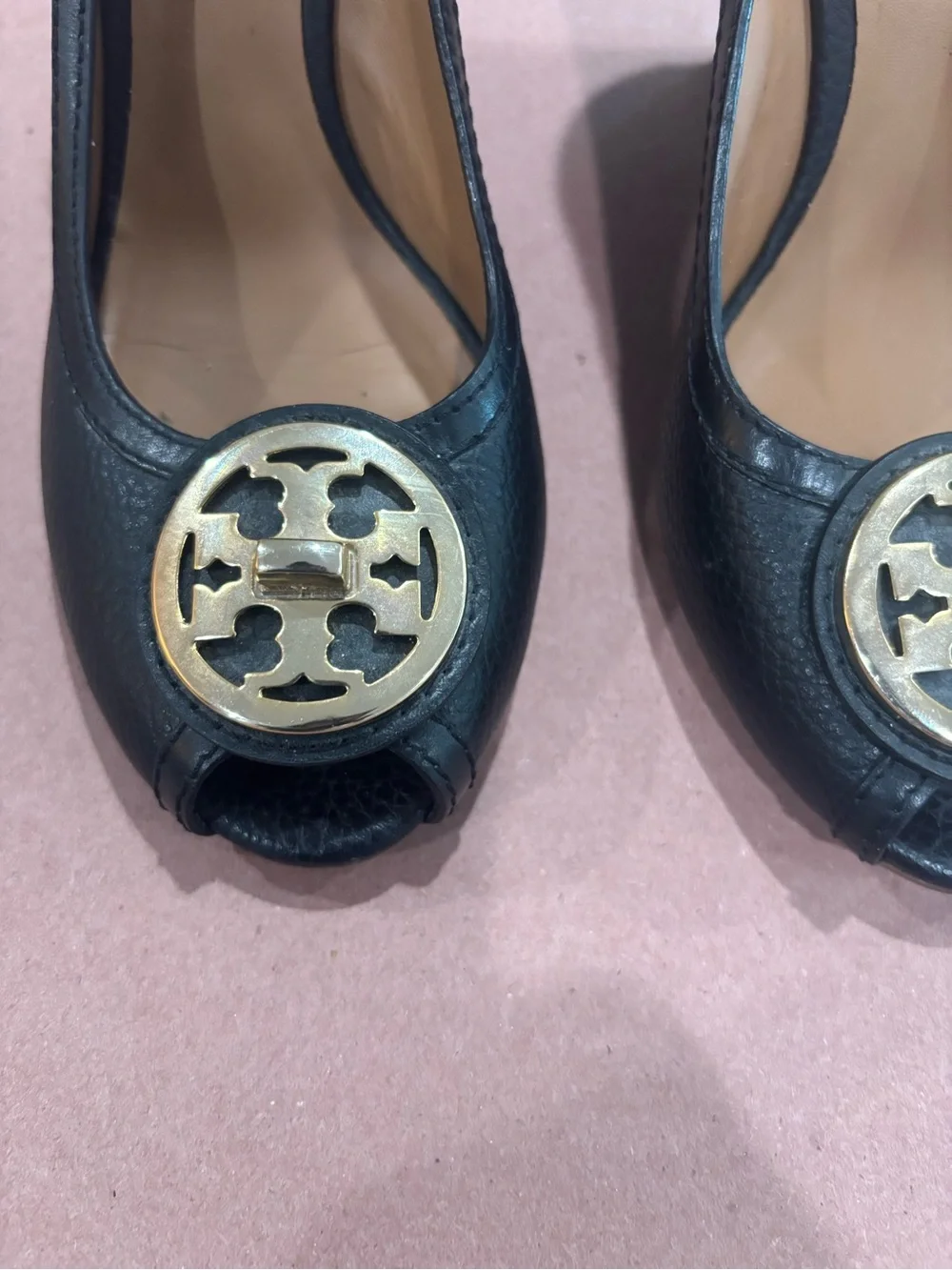 Tory Burch Selma Peep Toe Wedges-Black Pebbled Leather-Gold Logo Medallion 8M